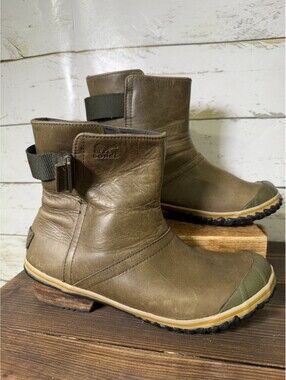 Sorel Slimboot Women's Olive Green Leather Ankle Boots Size 9